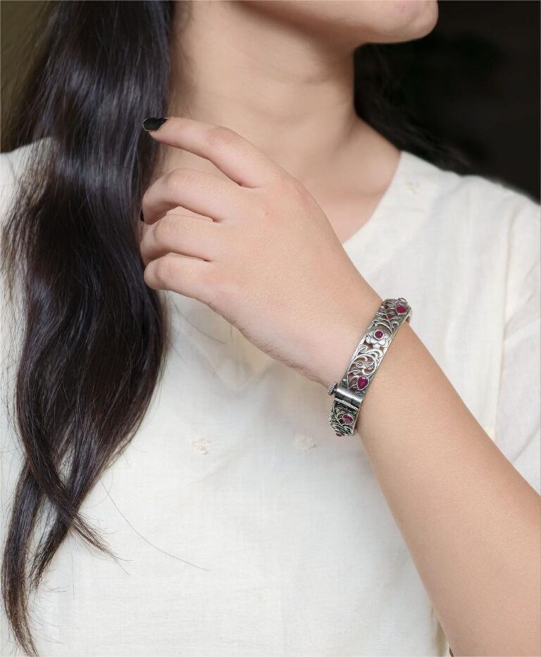 Traditional Flower Design Bangle | Stone Work Silver Replica Beautiful Openable Kada
