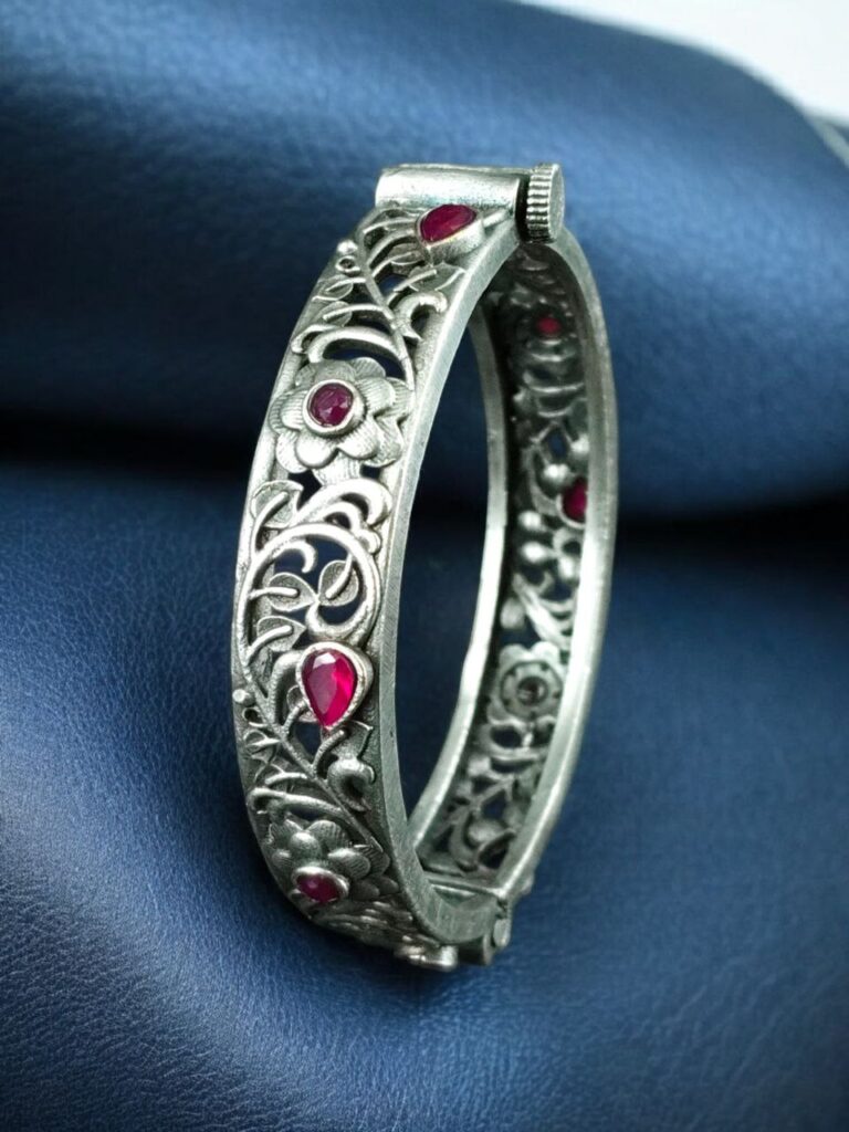 Traditional Flower Design Bangle | Stone Work Silver Replica Beautiful Openable Kada