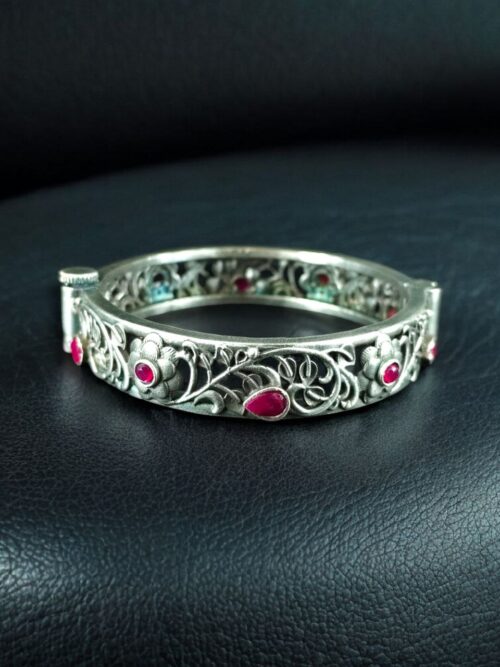 Traditional Flower Design Bangle | Stone Work Silver Replica Beautiful Openable Kada