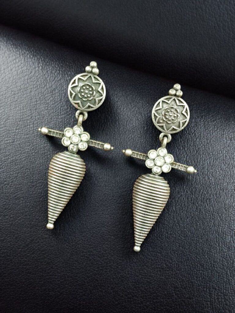 Traditional Oxidized Dangler Earrings | Unique Design Stone Work Silver Replica Jewelry
