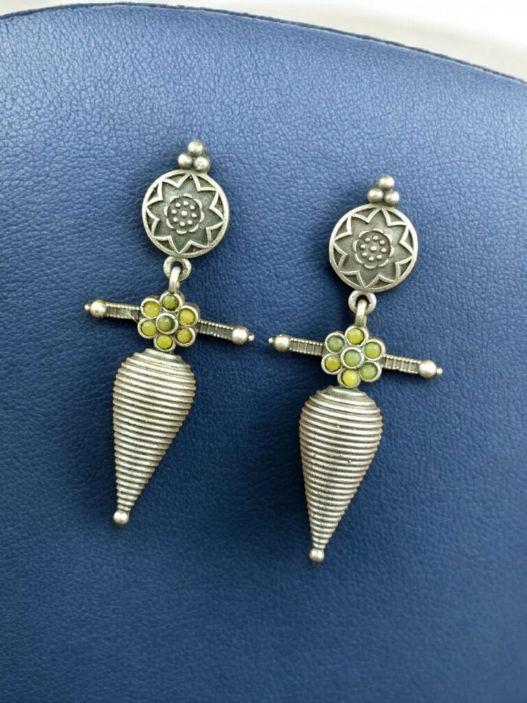 Traditional Oxidized Dangler Earrings | Unique Design Stone Work Silver Replica Jewelry
