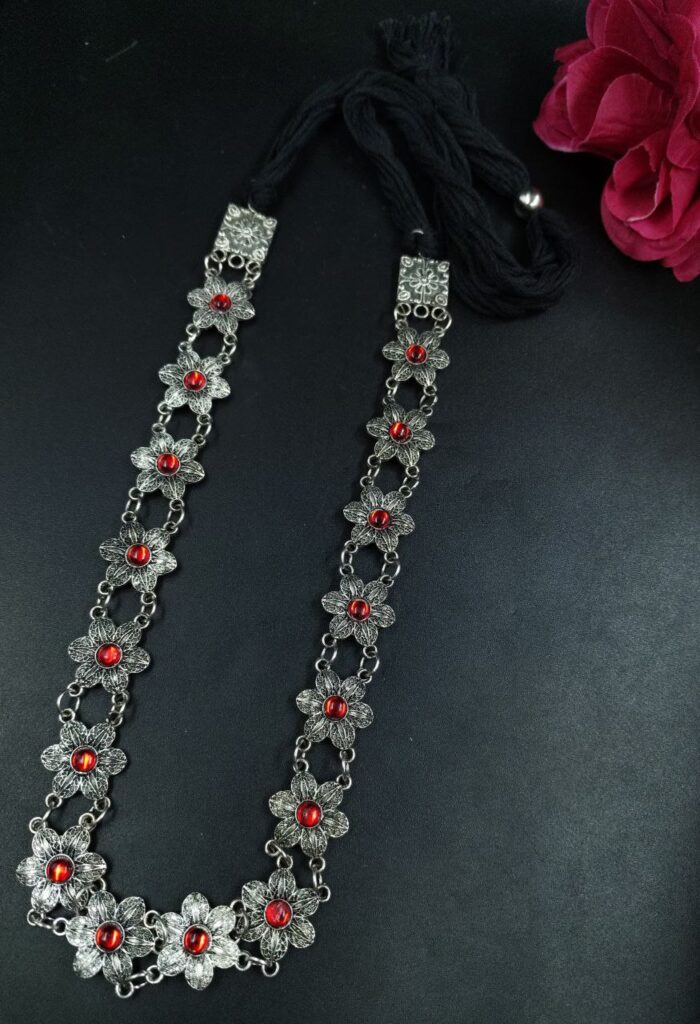 Handcrafted Flower Necklace | German Silver Ethnic Thread Jewelry