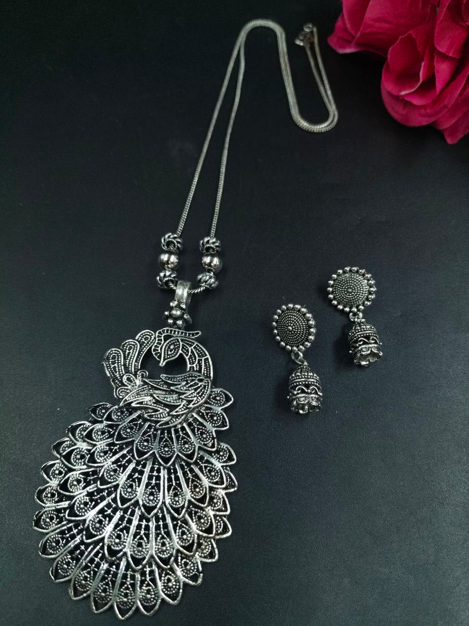 German Silver Peacock Chain Pendant Necklace for Women with Traditional Ethnic Style German Silver Peacock Chain Pendant Necklace for Women with Traditional Ethnic Style